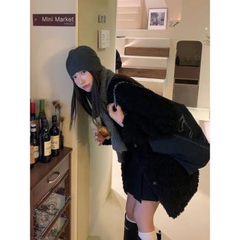 Halo Luu黑色羊羔毛外套女秋冬新款慵懶高階感顆粒絨加厚皮毛一體