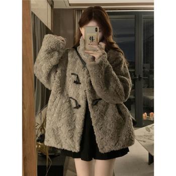 冬季立領羊羔毛外套女加厚寬松高階感仿兔毛絨皮草一體牛角扣棉服
