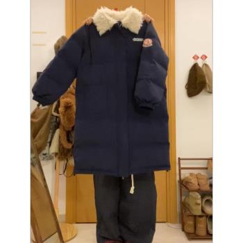 藏青色羊羔毛領過膝中長款羽絨棉服外套女冬季小個子棉襖加厚棉衣