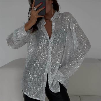 性感上衣女長袖寬松外套聚會年會舞臺演出服襯衫Women sexy shirt