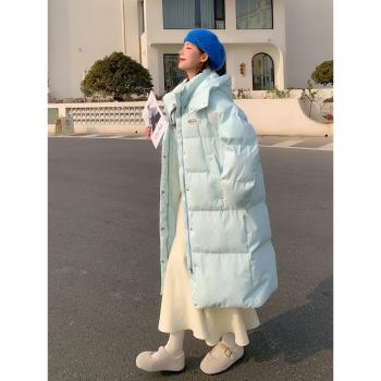 小香風奶藍色女冬季中長款羽絨服