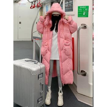 白鴨絨粉色連帽羽絨服女2025年冬裝時尚加厚保暖長款外套送手套潮