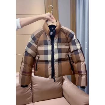 高階感超好看炸街美拉德格子短款麵包羽絨服女冬季2025新款厚外套