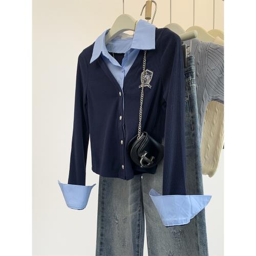 polo領假兩件針織開衫女秋季學院風外搭修身襯衫外套短款上衣早秋