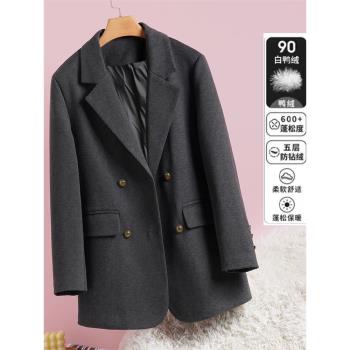 羽絨服毛呢西裝外套女2023冬季新款顯瘦厚款白鴨絨寬松呢子大衣