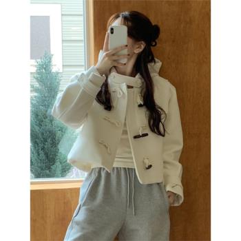chic時尚減齡連帽牛角扣呢子外套女設計感小眾復古短款小個子大衣