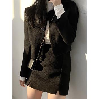 chic法式復古短款小個子粗花呢小香風外套女+顯瘦半身裙短裙套裝