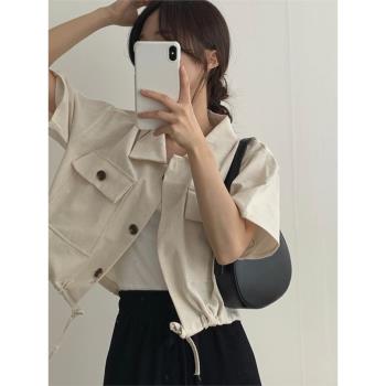 chic短款收腰顯瘦短袖外套女夏季薄款港風復古翻領寬松氣質上衣女