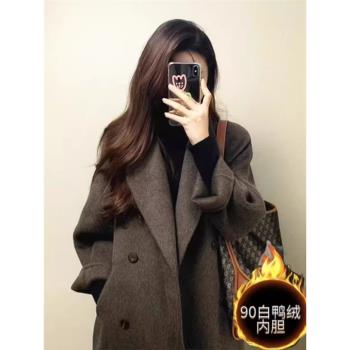 美拉德羽絨內膽羊毛大衣女冬季新款加厚白鴨絨保暖羽絨服毛呢外套