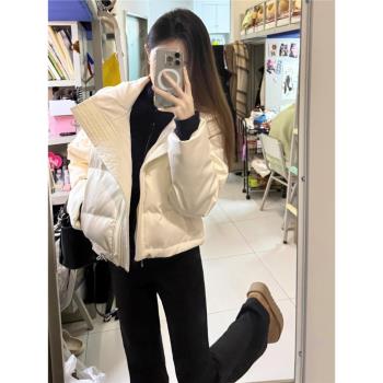 白色立領保暖羽絨棉服女裝冬季新款小個子收腰緞面短款麵包服外套