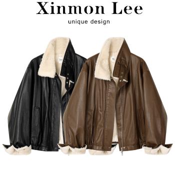 XinmonLee韓系復古美拉德加絨立領皮衣外套冬季休閑機車服夾克