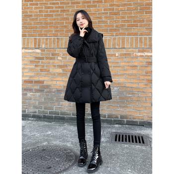 女裝修身黑色顯瘦中長款羽絨服