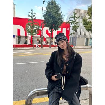 IMMR 小香風羊毛寬肩廓形短外套秋季新款女毛邊黑色圓領保暖上衣