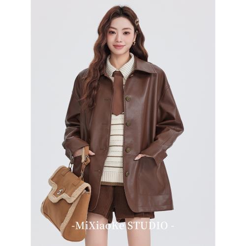 羋小可美拉德穿搭復古咖色皮衣外套女秋冬學院風套裝小眾夾克上衣