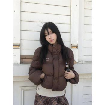 美式復古棕色立領羽絨棉服女冬季小個子肯豆寬松短款麵包服外套潮
