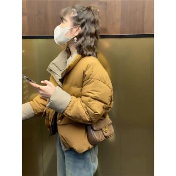 撞色立領羽絨服女短款2024年冬季新款小個子休閑白鴨絨麵包服外套