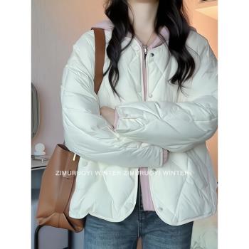 輕薄羽絨服女短款冬季新款米白色保暖圓領韓版時尚菱格白鴨絨外套
