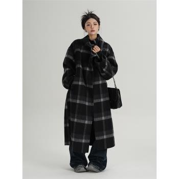 SRYS AME高階感冬天格子長款毛呢外套立領羊毛大衣呢子雙面女冬裝