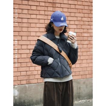 藏青色菱形絎縫短款加厚羽絨棉服外套女小個子秋冬季經典復古百搭
