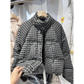 復古格子棉布短款立領保暖羽絨服
