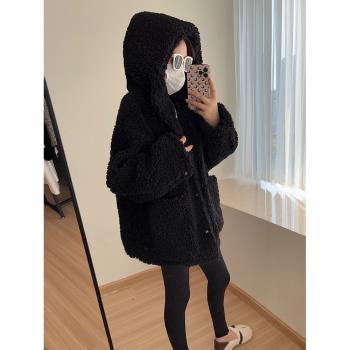 黑色顆粒絨羊羔毛連帽毛呢外套女秋冬款寬松廓形oversize呢子大衣