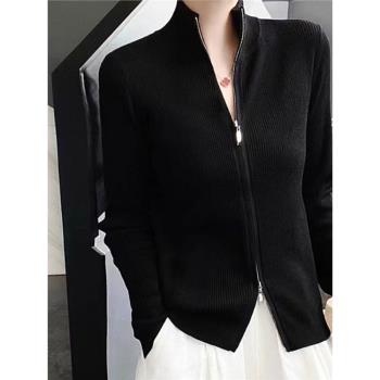 春秋季2024新款雙拉鏈毛衣外套女外搭薄款立領早秋黑色針織衫開衫
