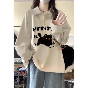 POLO衫加厚衛衣女秋冬慵懶風寬松加絨銀狐絨設計感小眾外套小個子