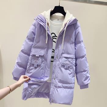 香芋紫色中長款寬松連帽羽絨服