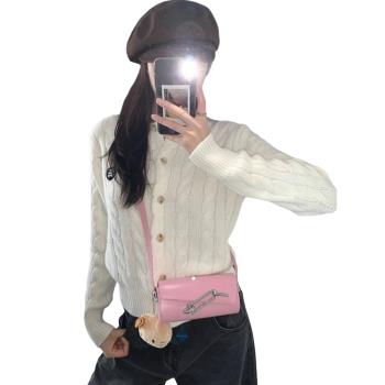 Wassup kates白色短款麻花針織開衫女春秋季學院風毛衣打底衫外套