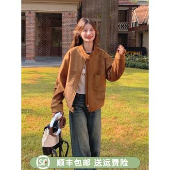 美拉德外套女春秋2024新款韓版休閑設計感炸街短款鹿皮絨工裝夾克