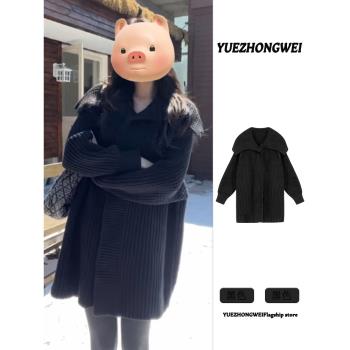 黑色翻領中長款毛衣開衫外套女秋冬季加厚寬松外穿慵懶風針織上衣