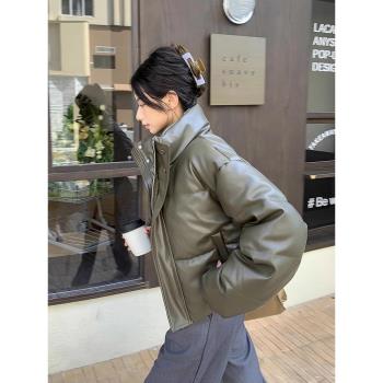 立領短款羽絨棉服女冬季2024年新款美拉德穿搭小個子pu皮棉衣外套