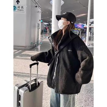兩面穿羊羔毛外套女潮ins冬季美式復古寬松加厚保暖立領pu皮棉服