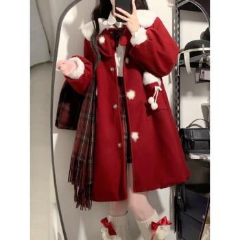毛呢大衣女2024新款秋冬季加絨加厚中長款小個子新年戰袍紅色外套