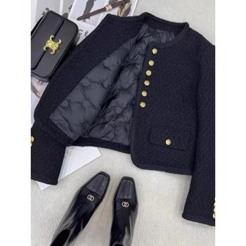羽絨棉服女2024冬季新款法式高階感名媛黑色粗花呢小香風短款外套