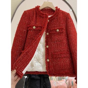 小香風紅色夾棉加厚短款羽絨服