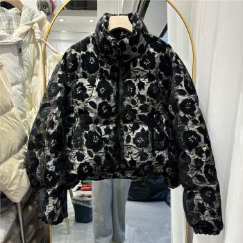潮牌絲絨印花羽絨服女2024年新款小個子加厚顯瘦白鴨絨繡花短外套