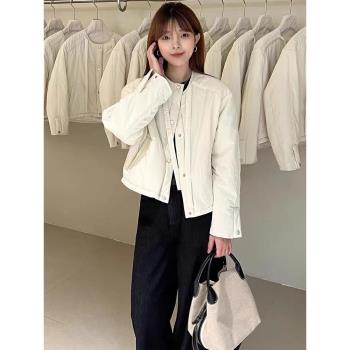 圓領飄帶夾棉短外套女2024冬季韓版氣質百搭簡約輕薄保暖棉服上衣