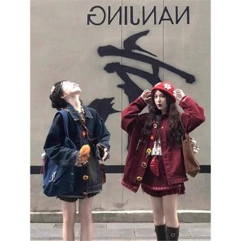 美式復古重工立體花朵牛仔外套女潮牌春秋設計感寬松工裝夾克上衣
