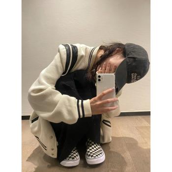 黑白撞色拼接小香棒球服短外套女2025春款加厚羊毛呢PU皮夾克上衣