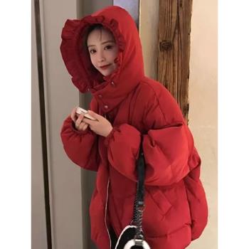 紅色羽絨棉服女冬季網紅爆款小個子寬松加厚麵包服連帽棉衣外套潮