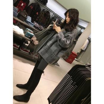 2025秋冬小眾洋氣針織毛衣開衫小外套中長款慵懶風復古格子大衣女