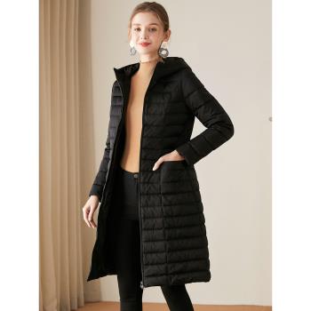 連帽輕薄羽絨服女中長款2024秋冬新款純色修身顯瘦保暖白鴨絨外套