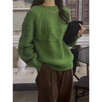 秋冬慵懶風軟糯綠色針織衫女麻花外穿加厚毛衣高階感寬松氣質上衣