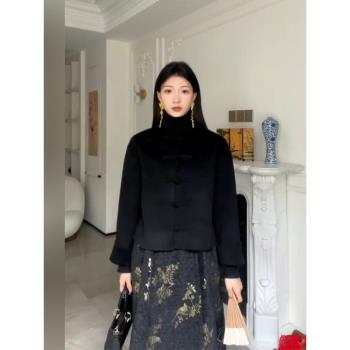 大碼新中式國風盤扣毛呢外套女秋冬復古高級感提花v領連衣裙套裝