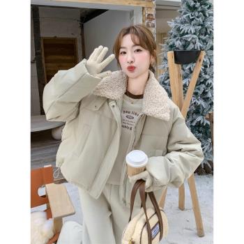 羊羔毛領短款羽絨服女冬季2025新款高階感獨特超好看流行工裝外套