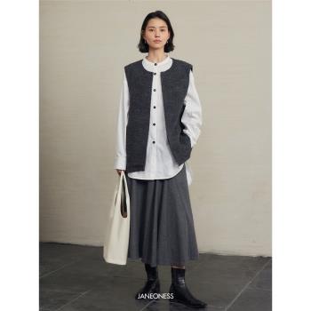 JANEONESS 簡約直筒廓形顯瘦圓領無袖圈圈羊毛馬甲外套女2024秋季