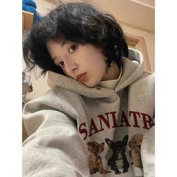 美式復古vintage即墨連帽衛衣女秋冬款加絨加厚情侶oversize外套
