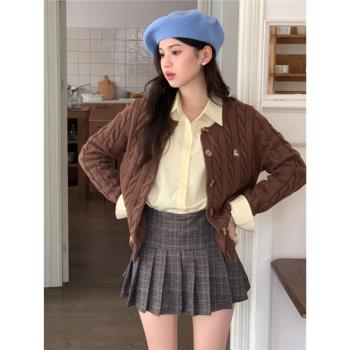 秋冬加厚美式復古咖色美拉德色系短款毛衣外套開衫針織衫外搭麻花