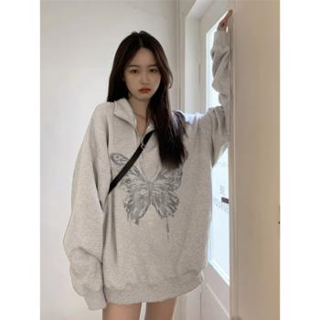 半拉鏈美式復古蝴蝶polo領衛衣女秋冬加絨加厚oversize慵懶風外套